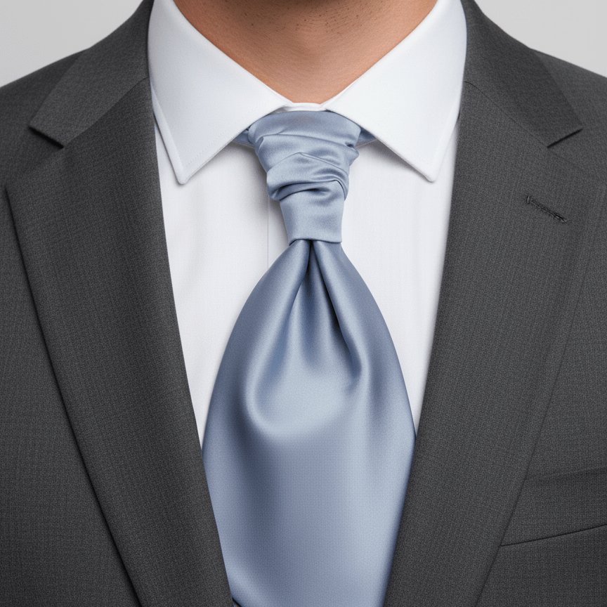 Man wearing a gray suit with a light blue tie against a neutral background