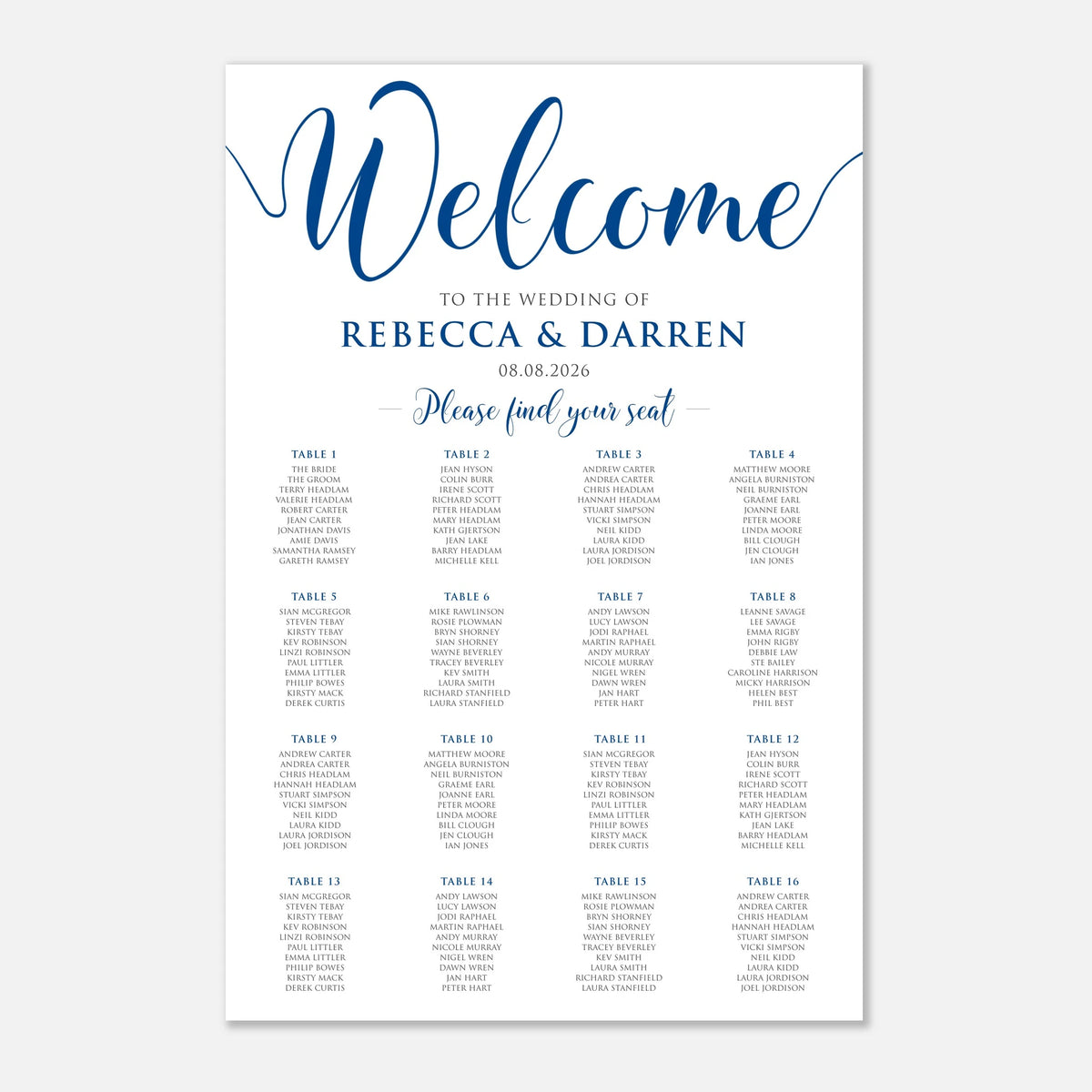 A wedding seating chart print with a white background, featuring a royal blue 'Welcome' script at the top and multiple columns of 16 table names and guest lists below.