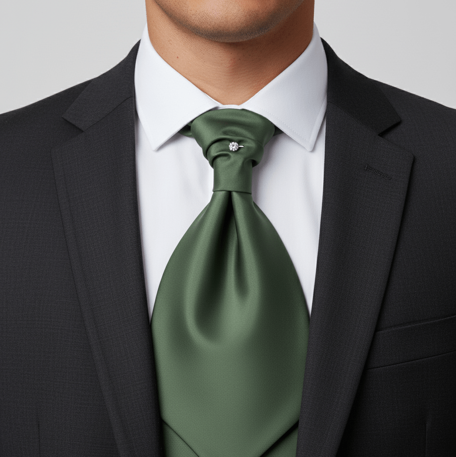 Man wearing a dark suit with a white shirt and green tie against a gray background