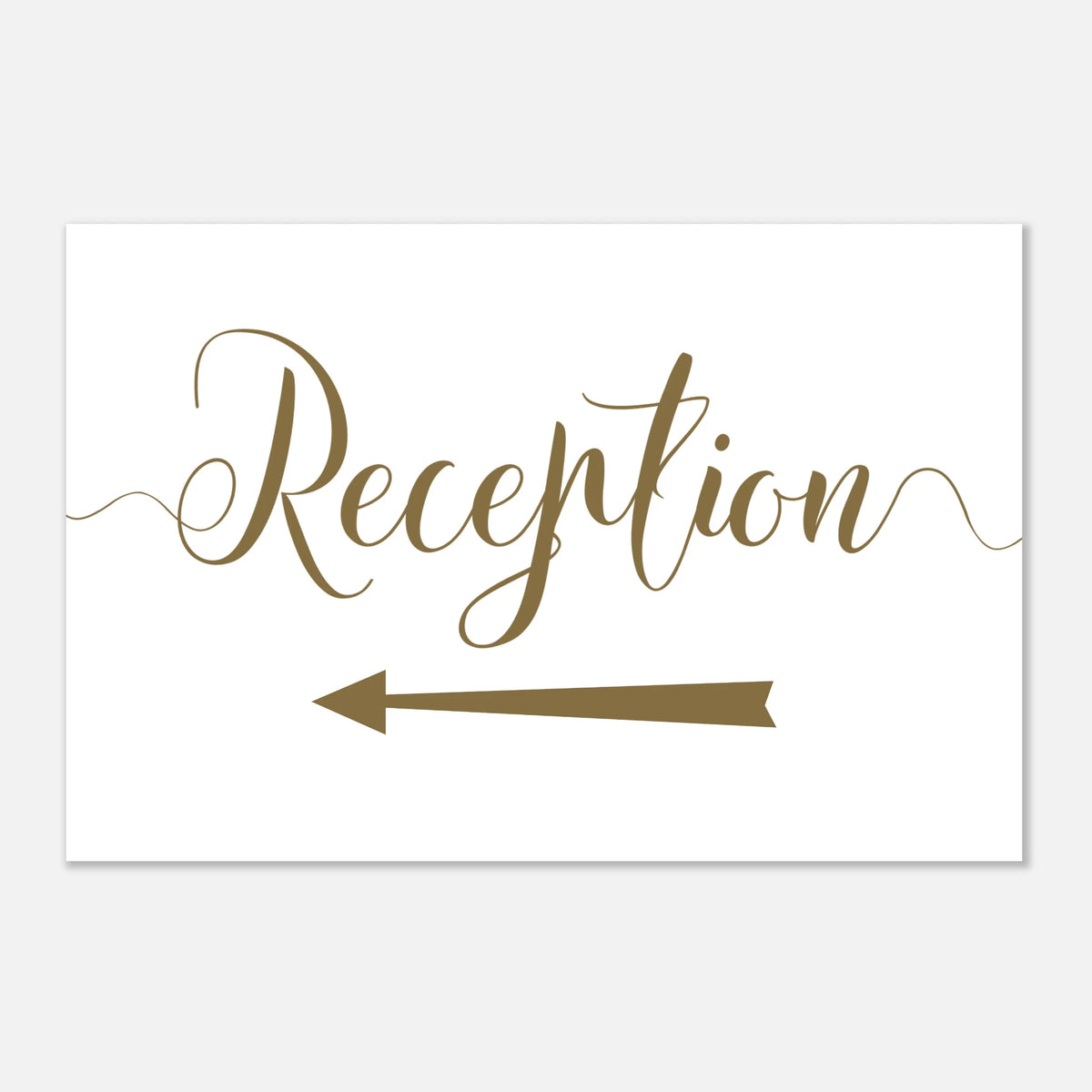 A white rectangular reception sign with elegant brown script reading 'Reception' and a matching brown arrow pointing left, shown on a light gray background.