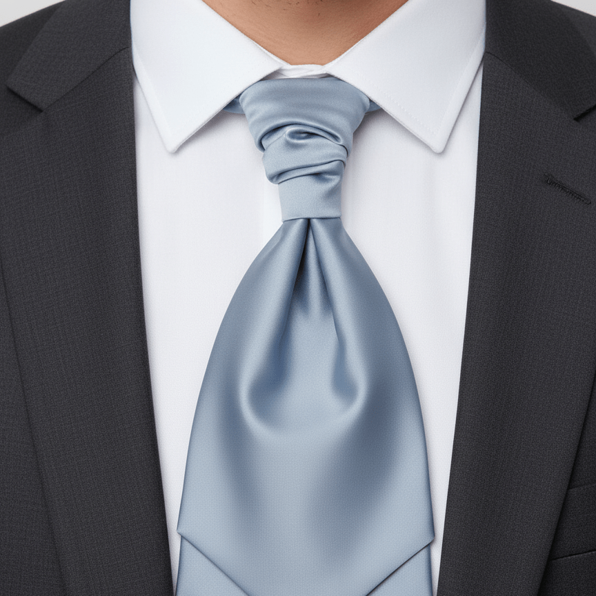 Man wearing a gray suit with a light blue tie against a white background