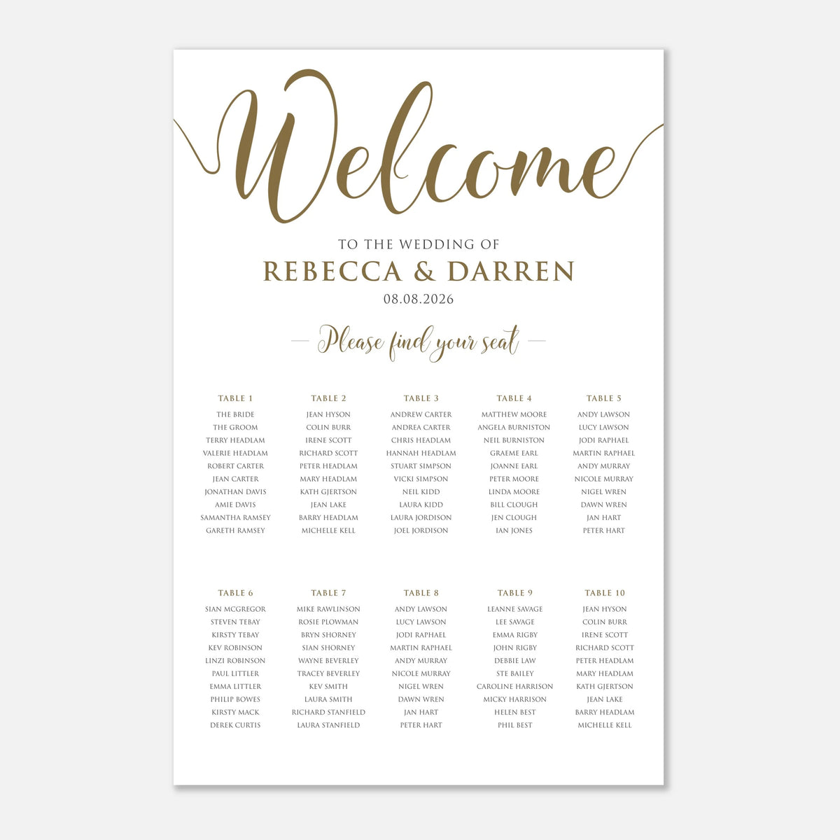 A wedding welcome sign with elegant gold cursive script reading 'Welcome' and black text listing the names of the bride and groom, the wedding date, and 10 table seating arrangements below, shown on a light gray background.