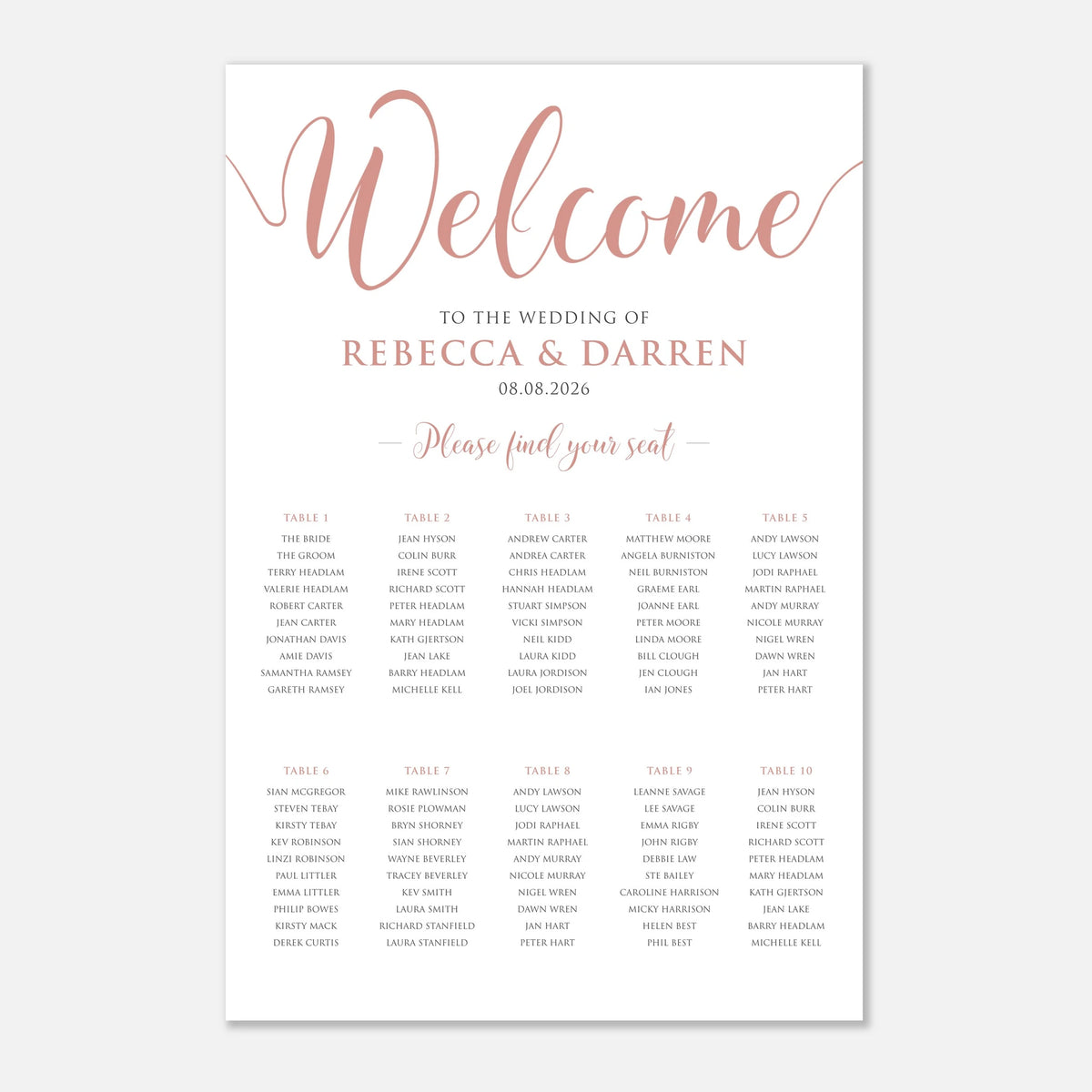 A wedding welcome seating chart print with elegant rose gold script reading 'Welcome' and pink text naming the bride and groom and the date, followed by a 10 tables of seated guests. The card is centered on a light gray background.