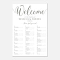 A wedding welcome seat chart print with elegant sage green script and serif text on a white background, featuring the heading 'Welcome' and seated guest lists below.