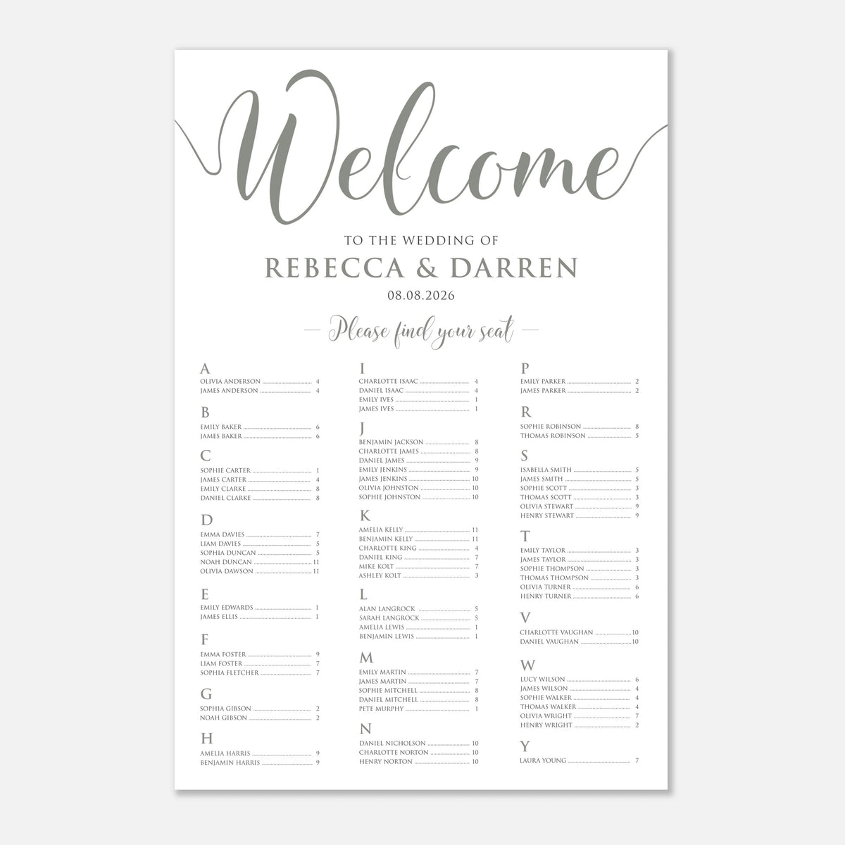 A wedding welcome seat chart print with elegant sage green script and serif text on a white background, featuring the heading 'Welcome' and seated guest lists below.