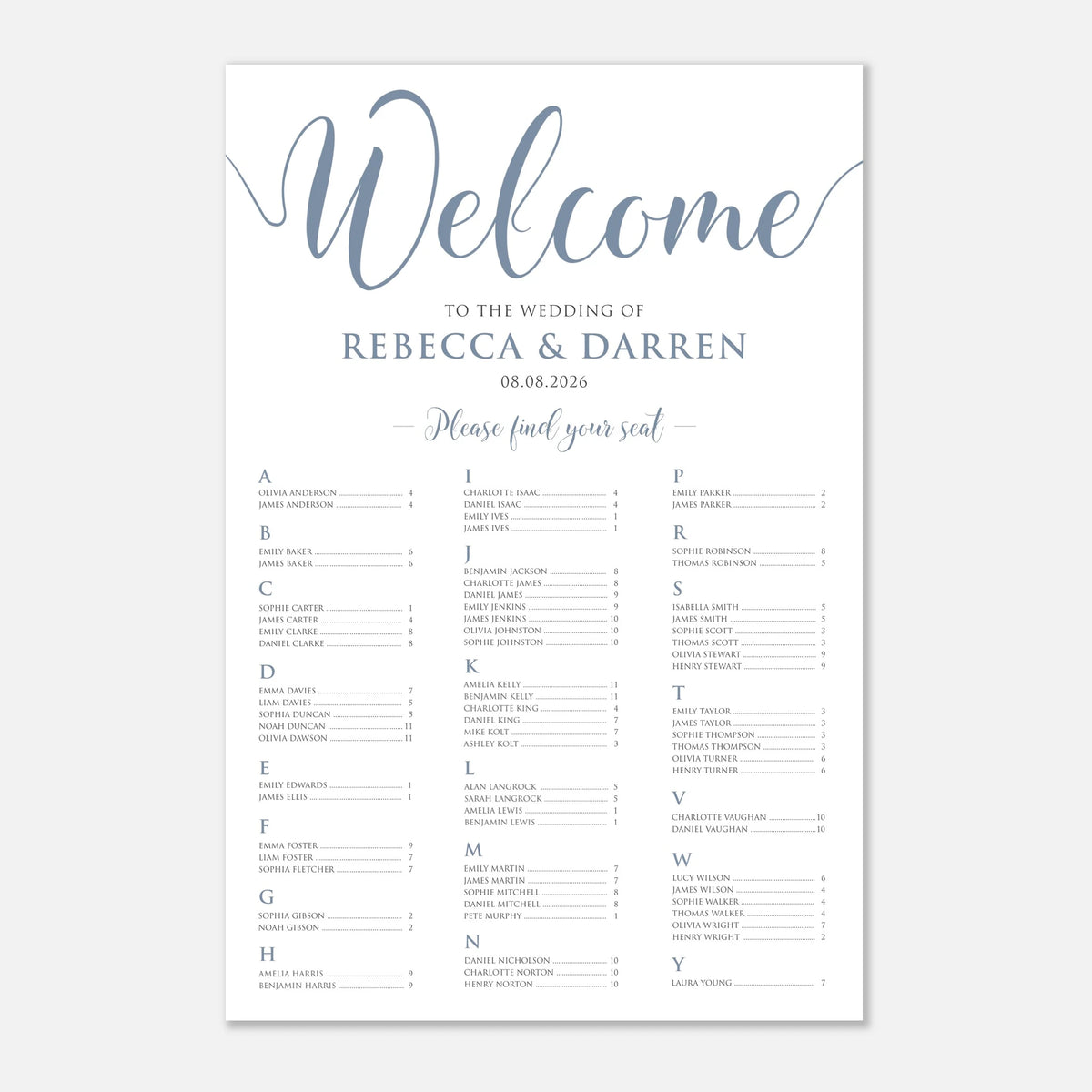 A wedding welcome seating chart print with elegant dusty blue script reading 'Welcome' and blue serif text for the wedding details, plus organized guest seating blocks below on a white background.