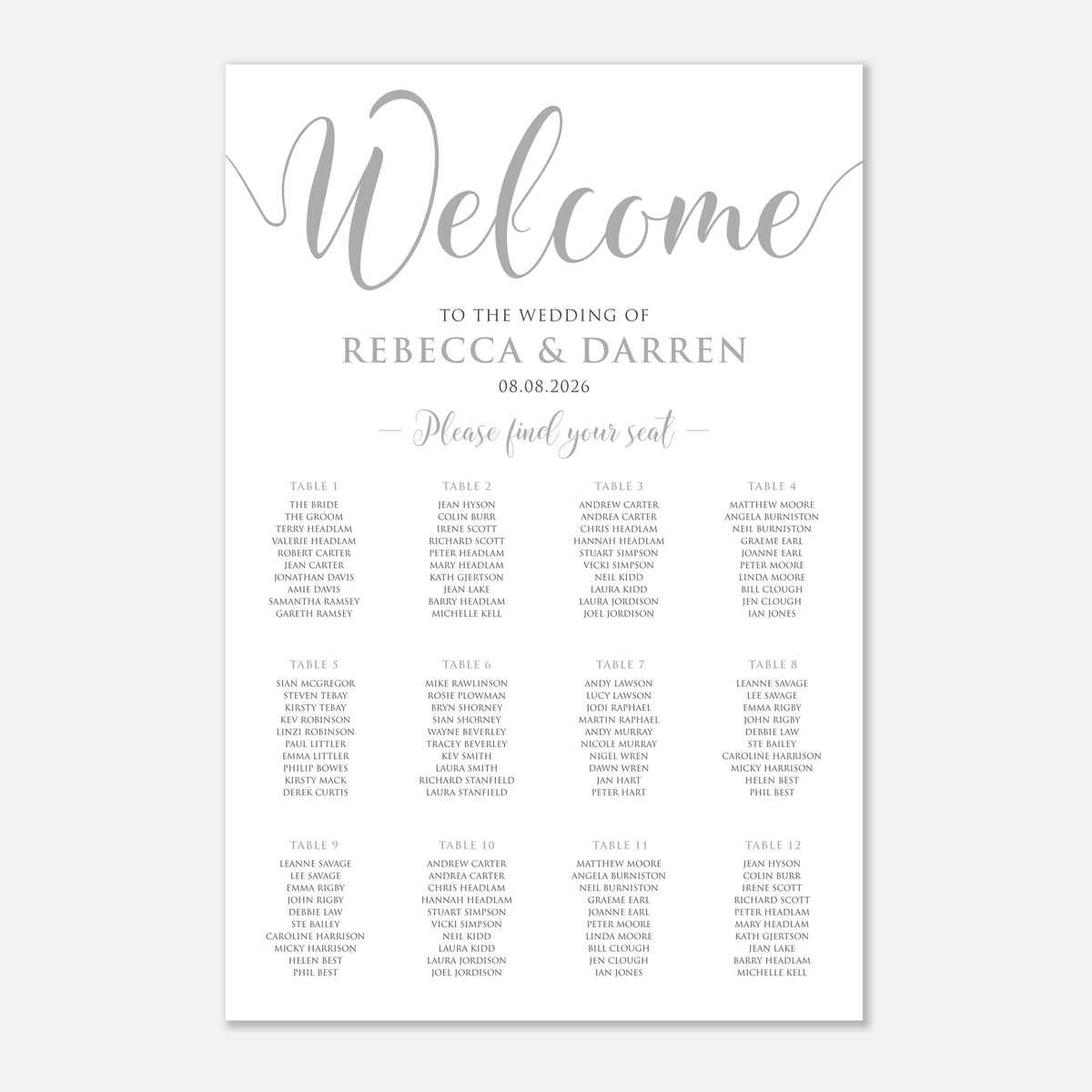 A wedding seating chart print with elegant silver script and serif text on a white background, reading 'Welcome to the wedding of Rebecca & Darren 08.08.
