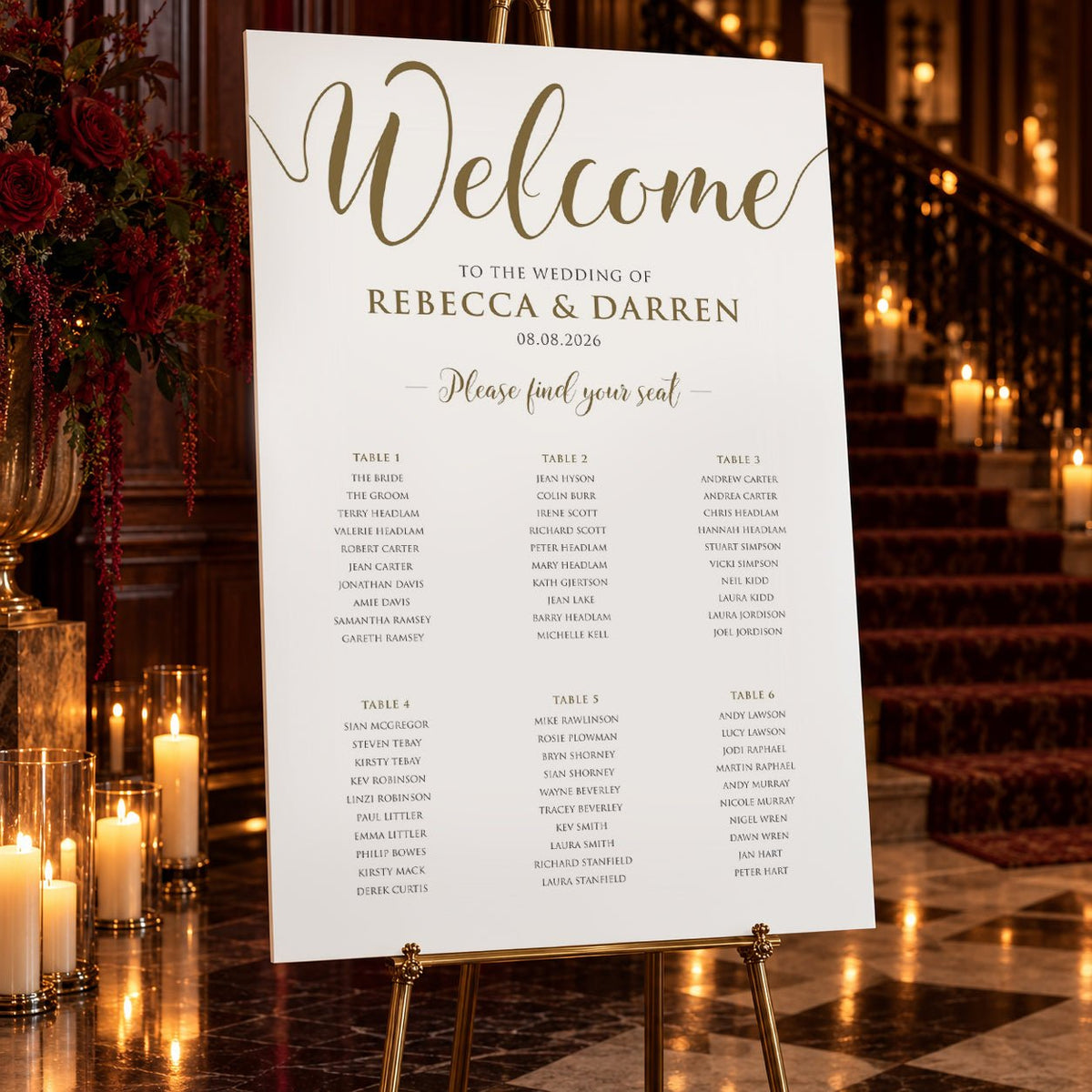 Elegant Gold Script Wedding Seating Chart – Personalised 24 × 36″ Foamboard - We Do Bou