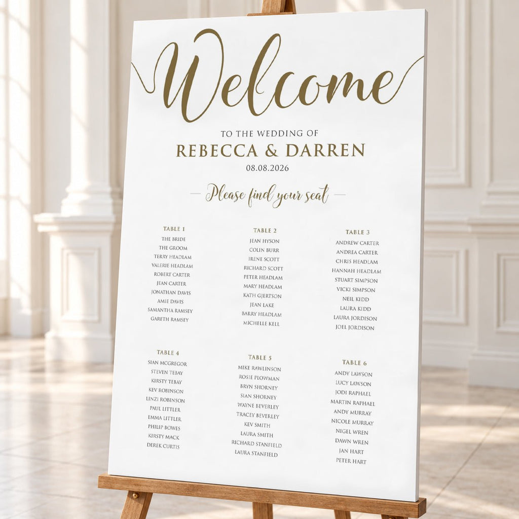 Elegant Gold Script Wedding Seating Chart – Personalised 24 × 36″ Foamboard - We Do Bou