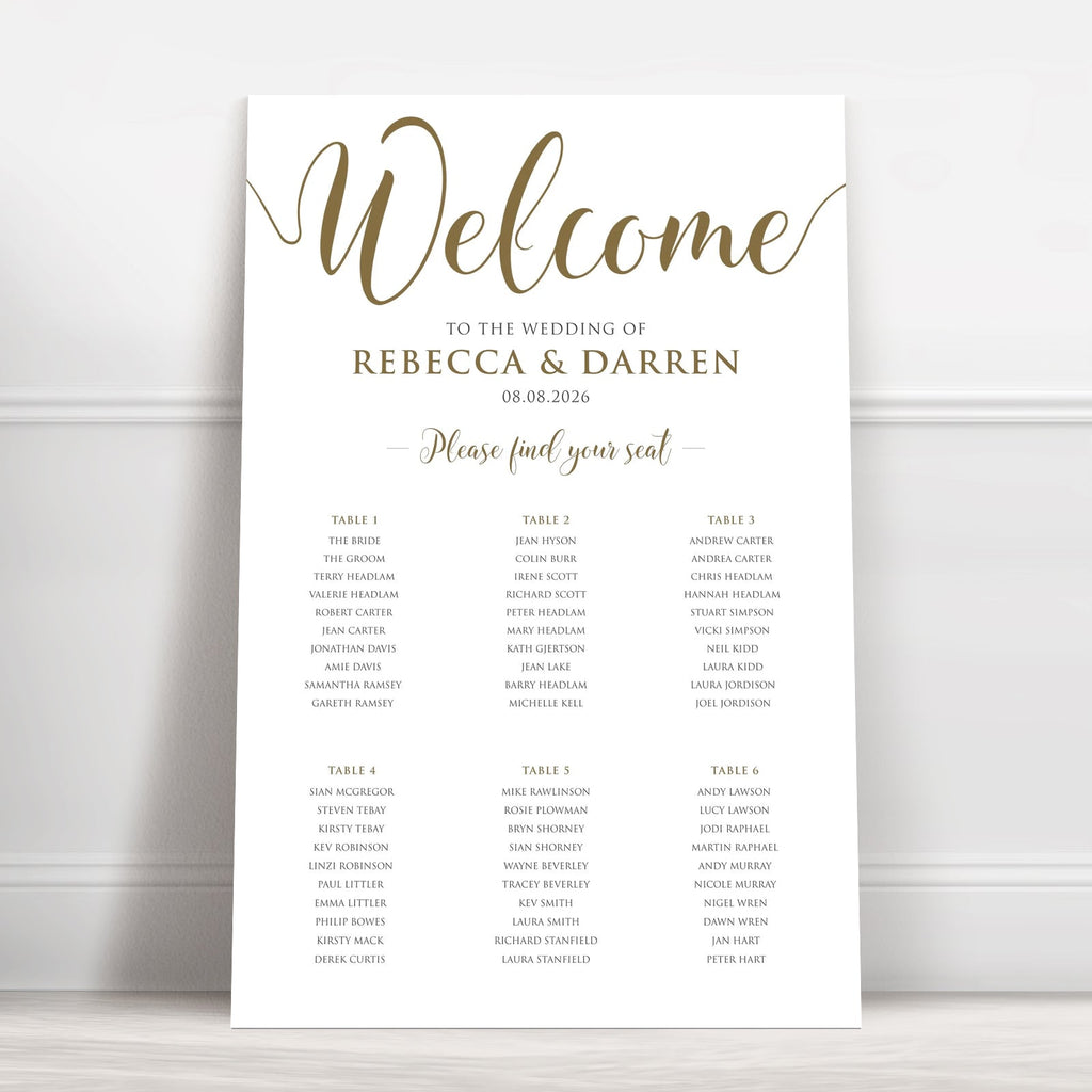 Elegant Gold Script Wedding Seating Chart – Personalised 24 × 36″ Foamboard - We Do Bou