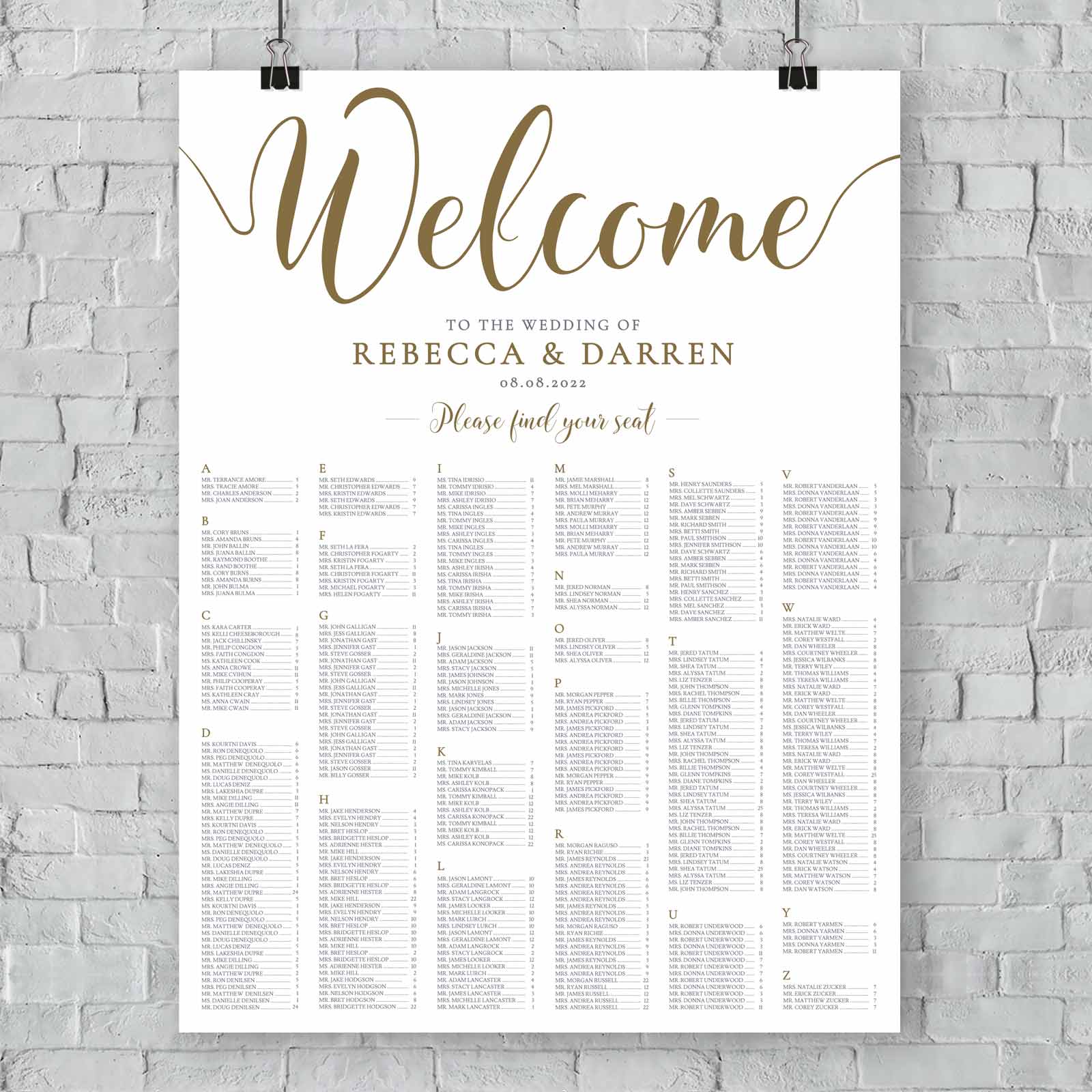 extra large gold seating chart template