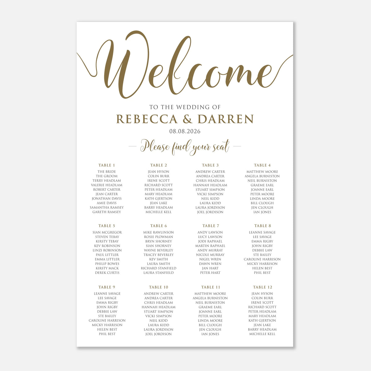 A wedding welcome sign with elegant gold cursive script reading 'Welcome' and black serif text reading 'to the wedding of Rebecca & Darren, 08.06. with 12 tables.