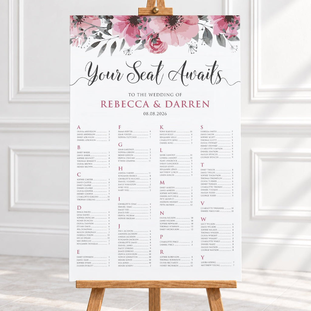 Pink Floral Alphabetical Wedding Seating Chart – Personalised 24 × 36″