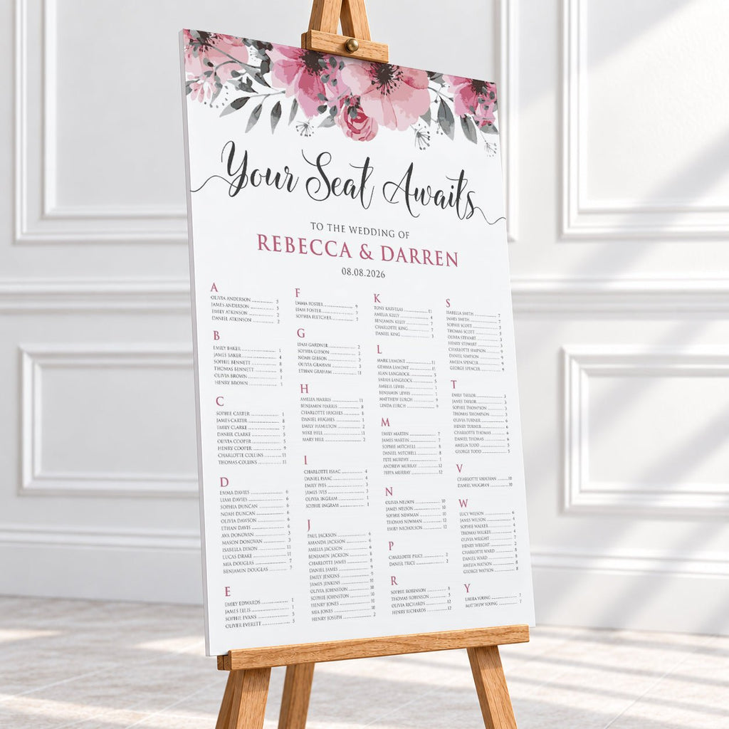 Pink Floral Alphabetical Wedding Seating Chart – Personalised 24 × 36″