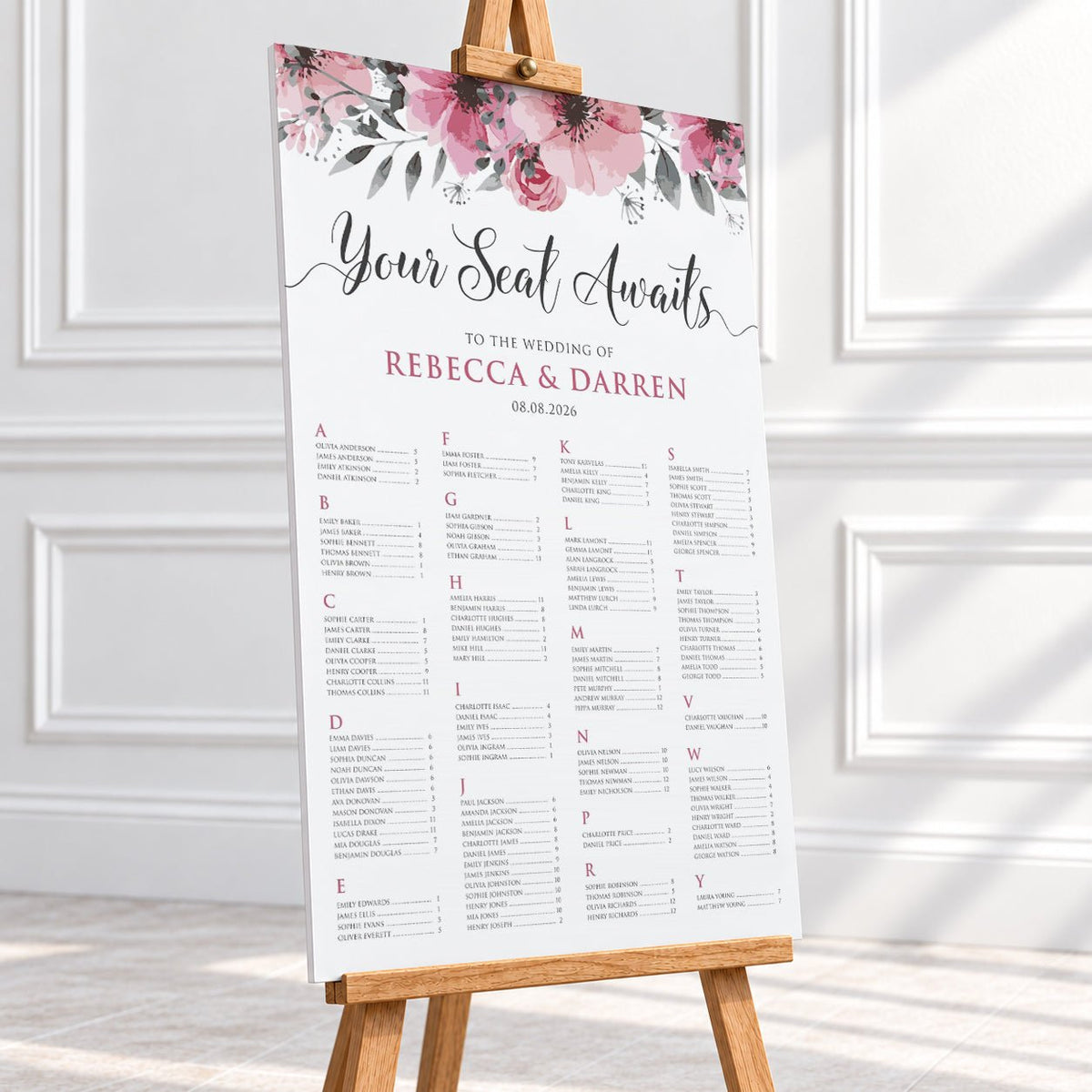 Pink Floral Alphabetical Wedding Seating Chart – Personalised 24 × 36″