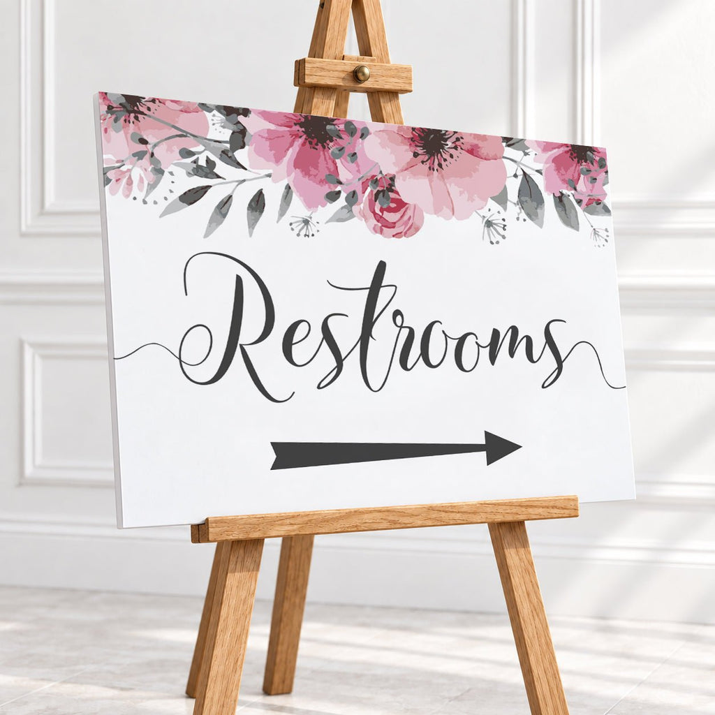 Pink Floral Restrooms Arrow Sign – 12 × 16″ or 16 × 24″