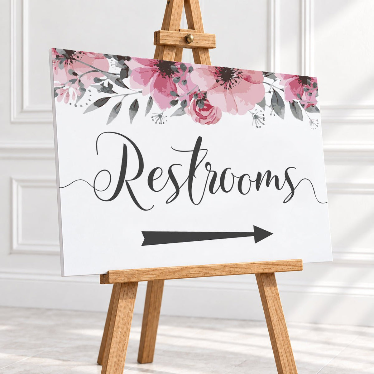 Pink Floral Restrooms Arrow Sign – 12 × 16″ or 16 × 24″