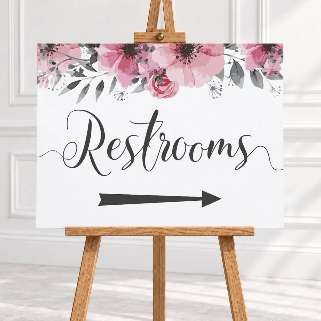 Pink Floral Restrooms Arrow Sign – 12 × 16″ or 16 × 24″