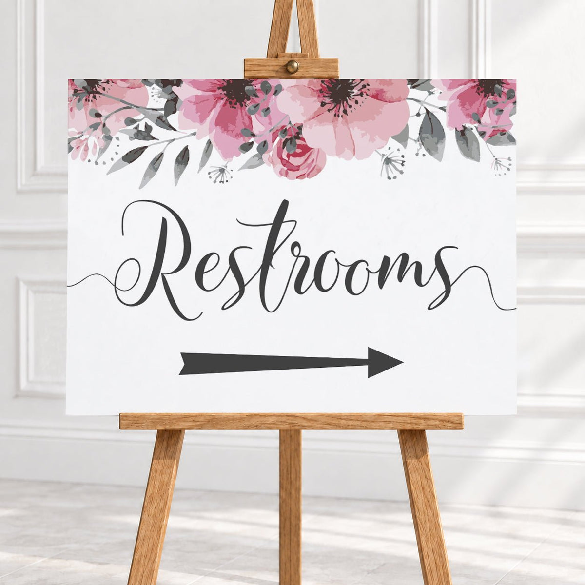 Pink Floral Restrooms Arrow Sign – 12 × 16″ or 16 × 24″