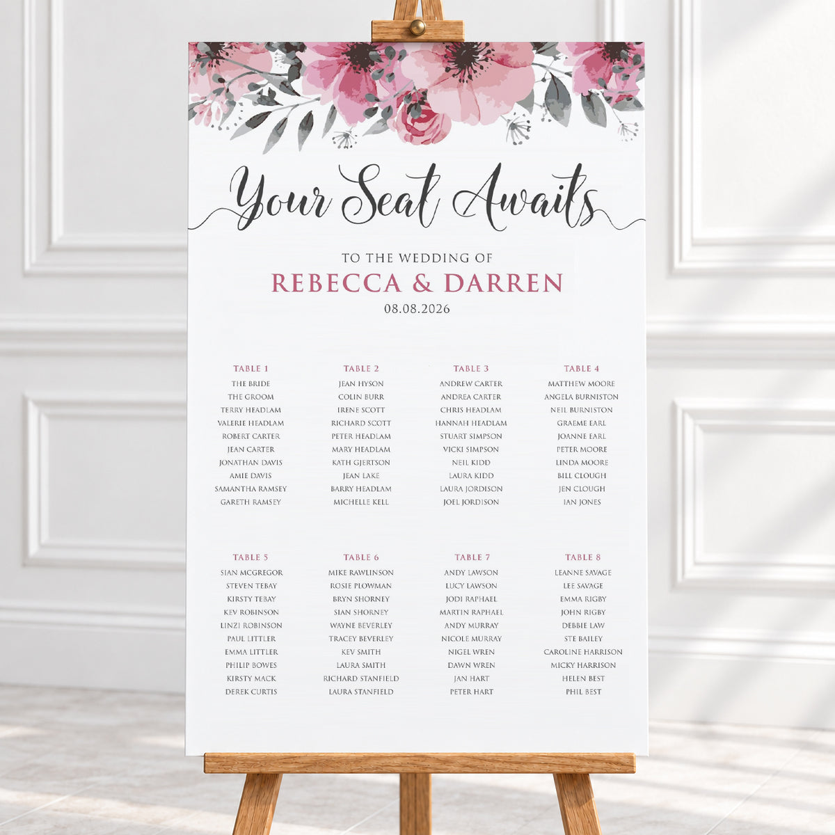 24x36″ Floral Wedding Seating Chart printed on 5mm foam board