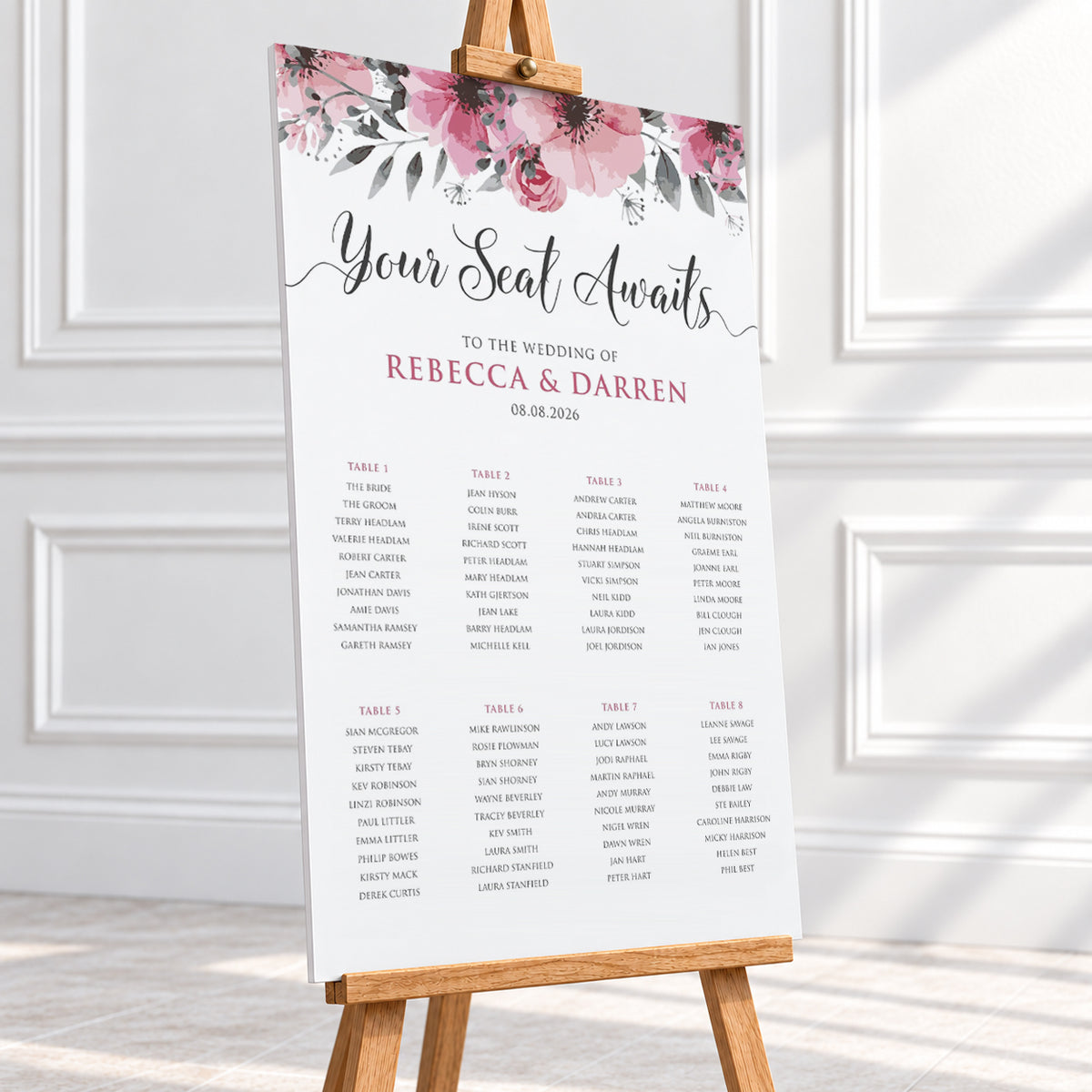 24x36″ Floral Wedding Seating Chart printed on 5mm foam board