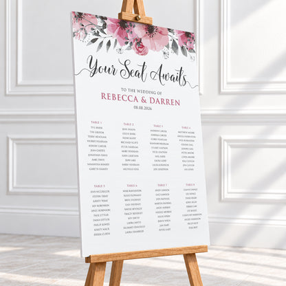24x36″ Floral Wedding Seating Chart printed on 5mm foam board