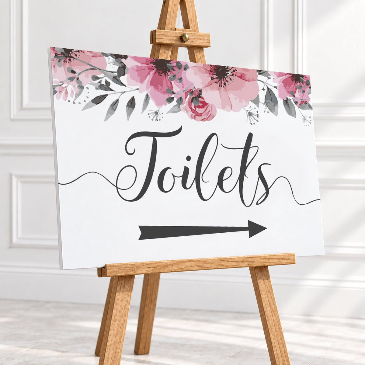 Pink Floral Toilets Arrow Sign – 12 × 16″ or 16 × 24″
