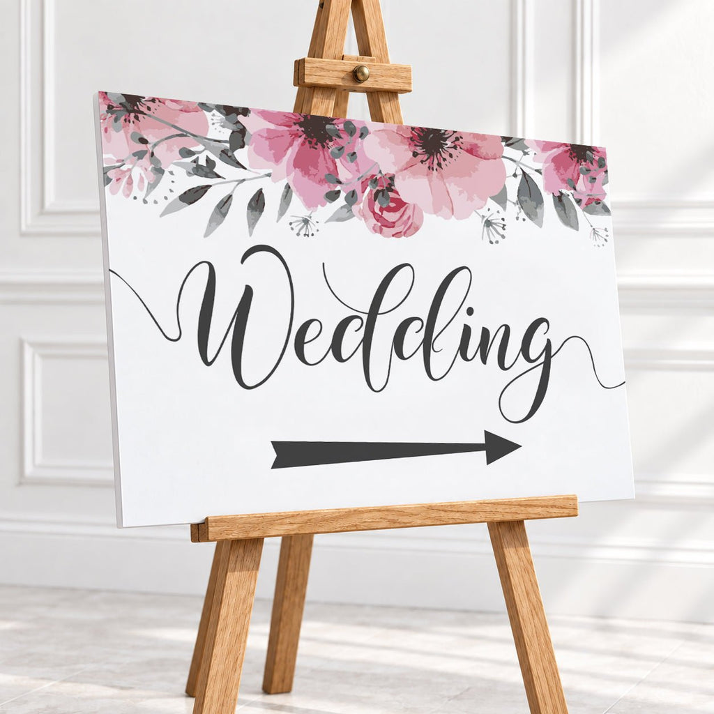 Pink Floral Wedding Arrow Sign – 12 × 16″ or 16 × 24″