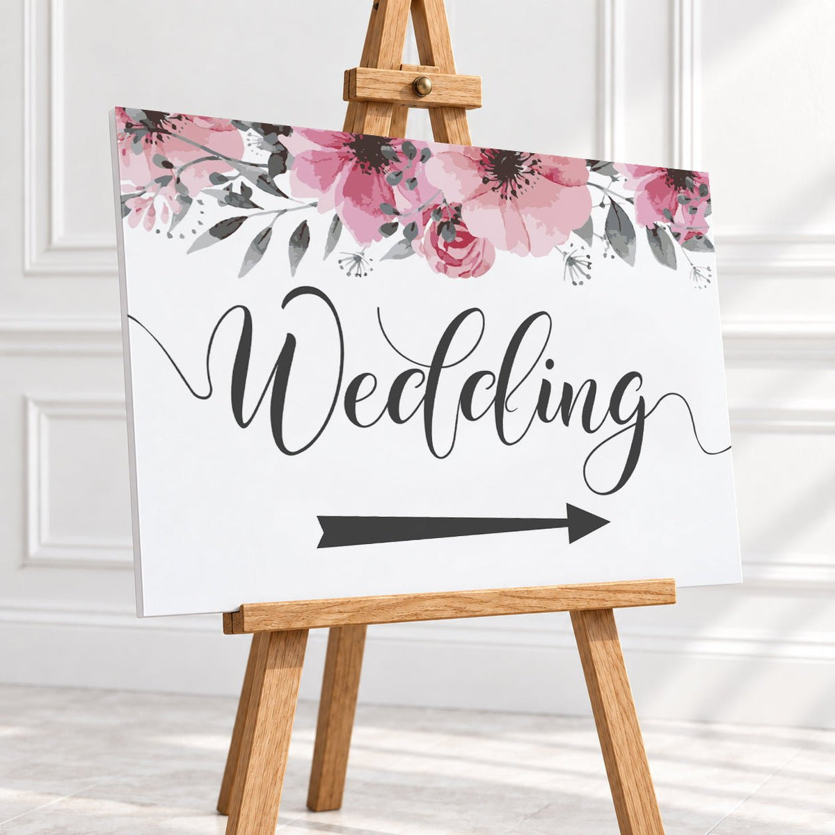 Pink Floral Wedding Arrow Sign – 12 × 16″ or 16 × 24″