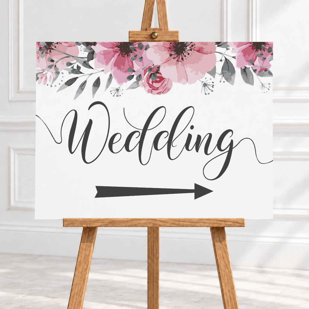 Pink Floral Wedding Arrow Sign – 12 × 16″ or 16 × 24″