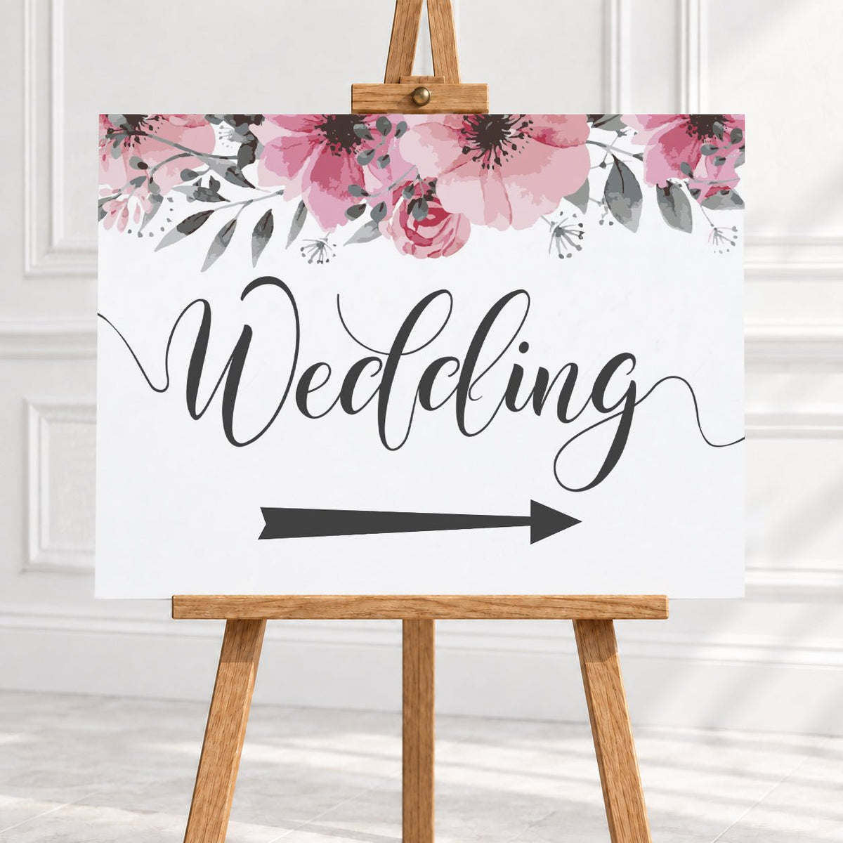 Pink Floral Wedding Arrow Sign – 12 × 16″ or 16 × 24″
