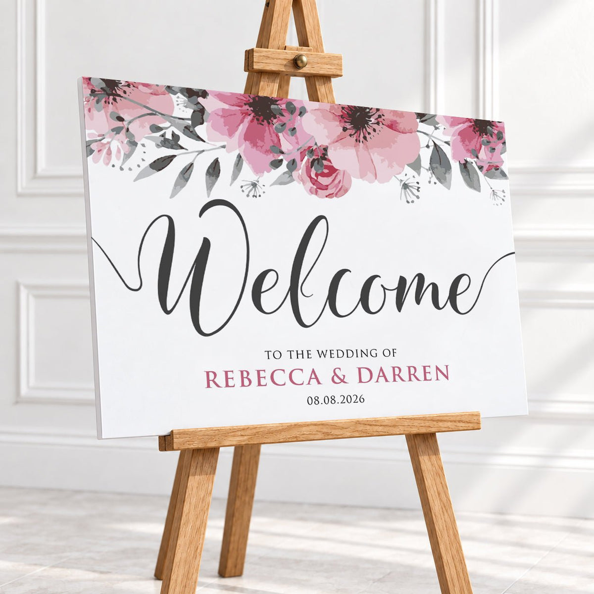 Personalised Pink Floral Wedding Welcome Sign – 16 × 24″ or 24 × 26″