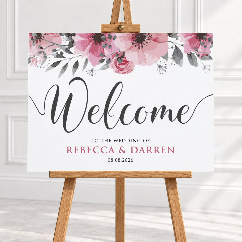 Personalised Pink Floral Wedding Welcome Sign – 16 × 24″ or 24 × 26″