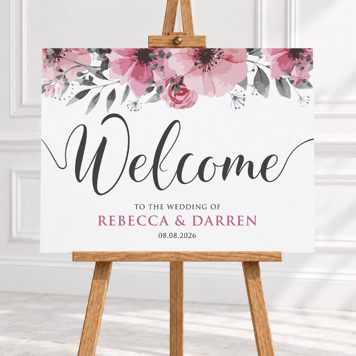 Personalised Pink Floral Wedding Welcome Sign – 16 × 24″ or 24 × 26″