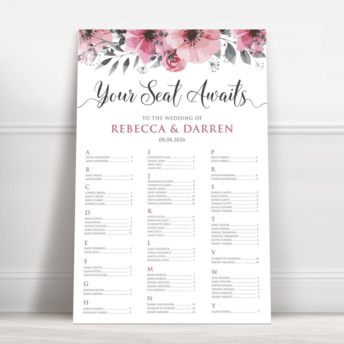Pink Floral Alphabetical Wedding Seating Chart – Personalised 24 × 36″ Foamboard