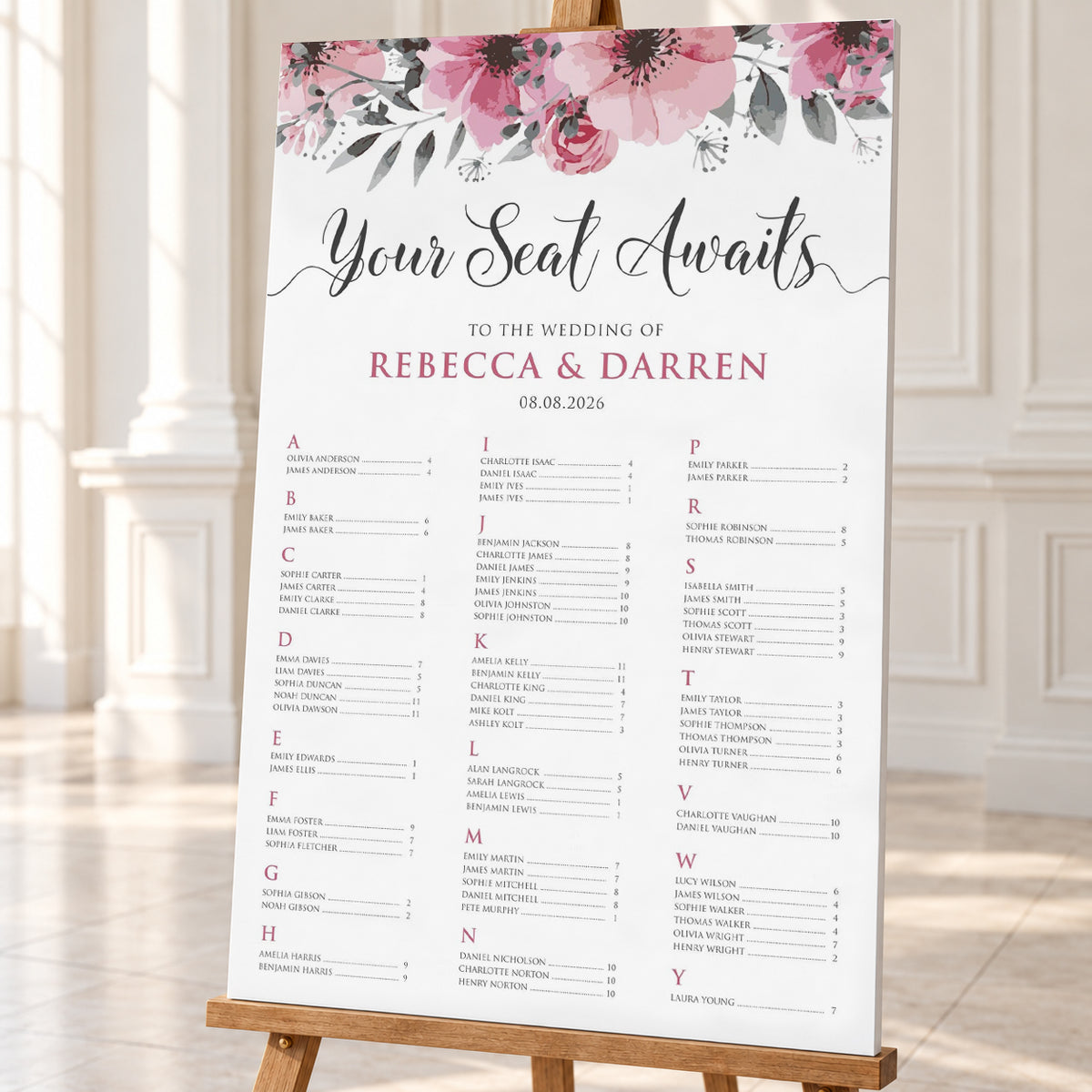 Pink Floral Alphabetical Wedding Seating Chart – Personalised 24 × 36″ Foamboard