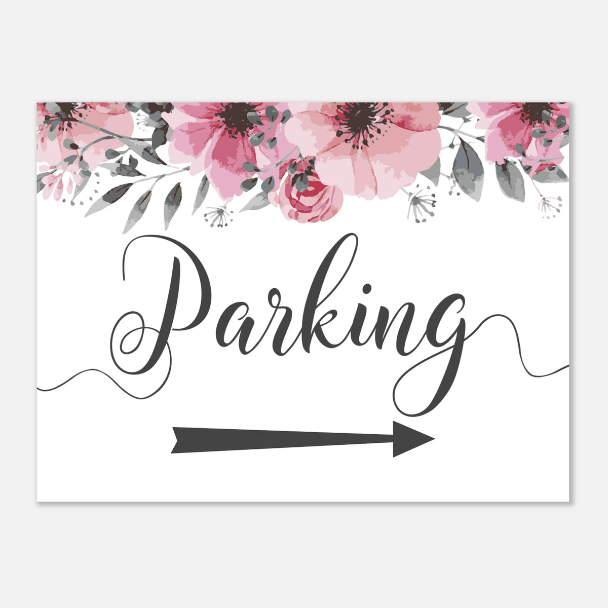A rectangular white parking sign with pink watercolor flowers across the top, the word 'Parking' in black script, and a black arrow pointing right.