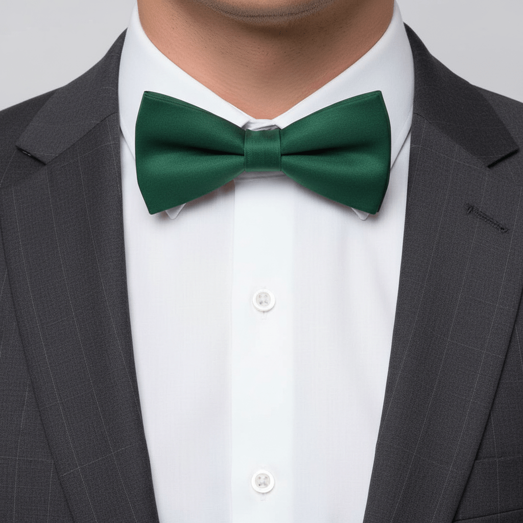 Green bow tie worn with a gray suit and white shirt on a plain background