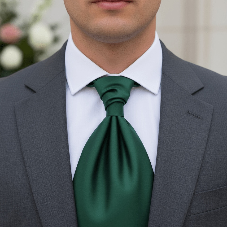 Man wearing a gray suit with a white shirt and green tie, blurred background