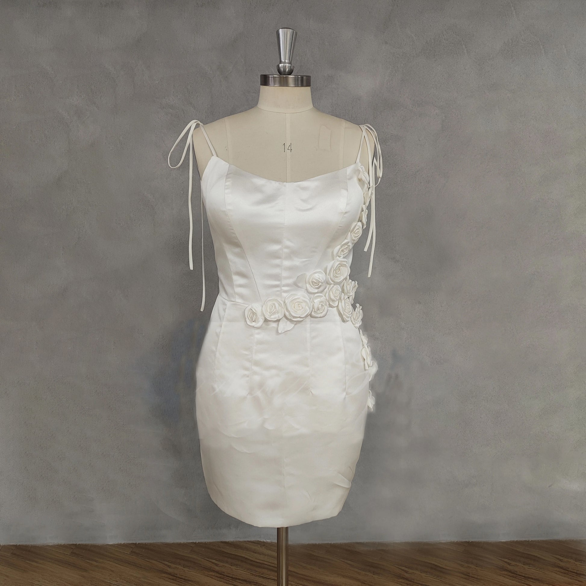 front of Modern Short Satin Sleeveless Wedding Dress on a mannequin