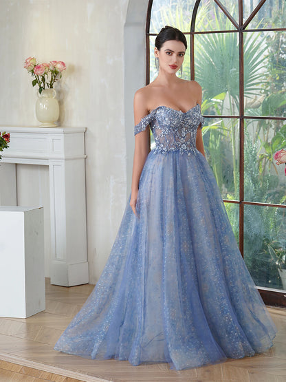 front side view of prom girl wearing blue sparkling off-the-shoulder a-line dress