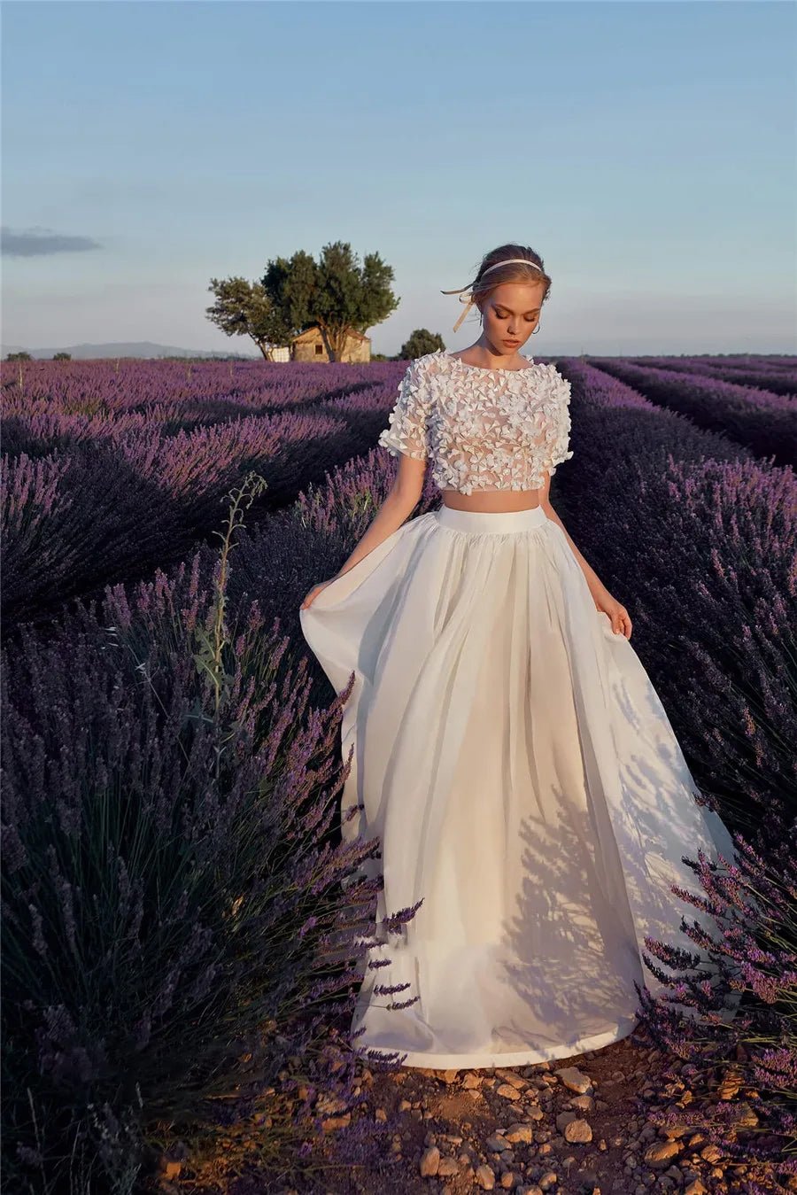 Front view of a bride in a field wearing a Boho Two Piece Short Sleeve O-neck A-Line Wedding Dress