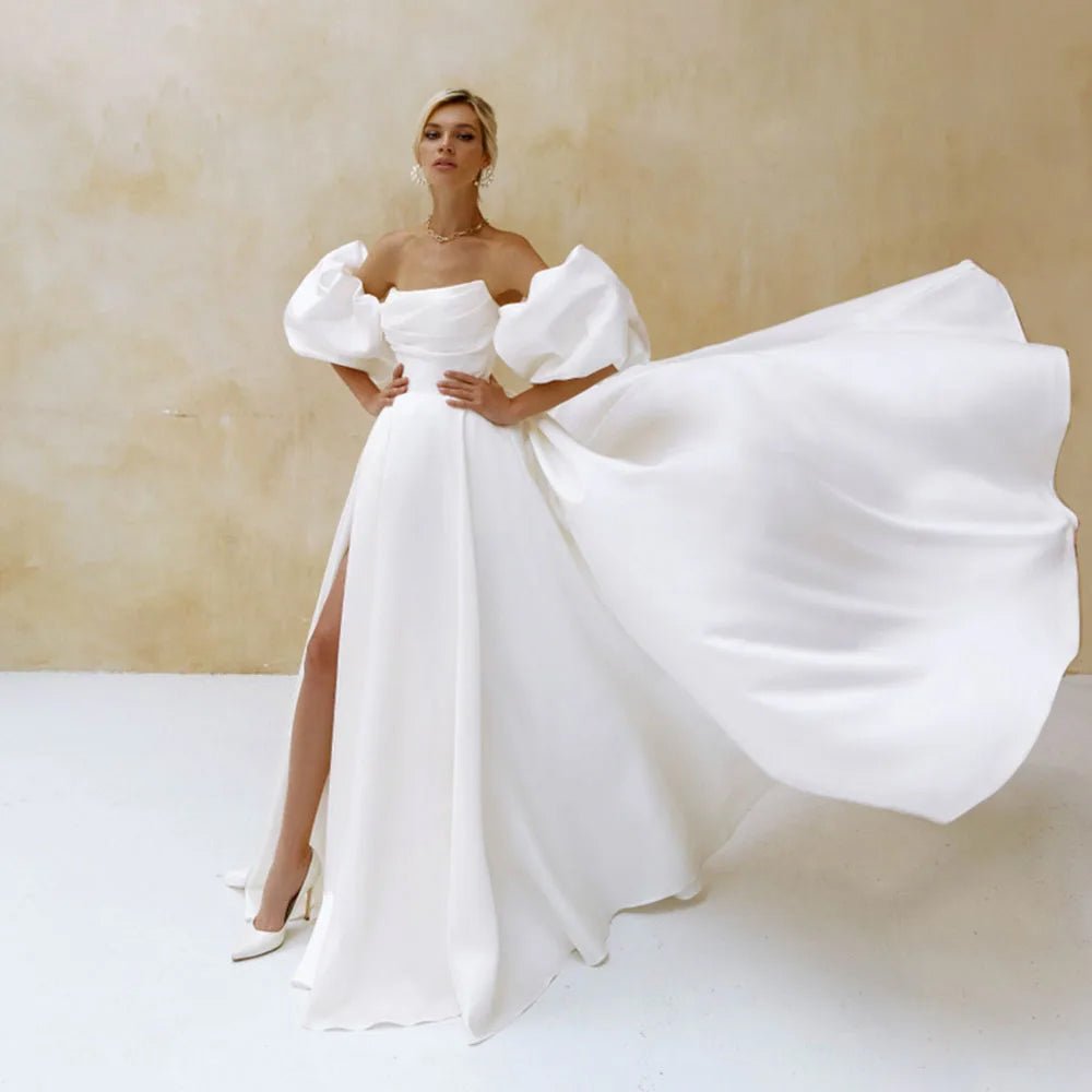 front view of bride in Elegant A-Line Side Slit Satin Wedding Dress with Puff Sleeves