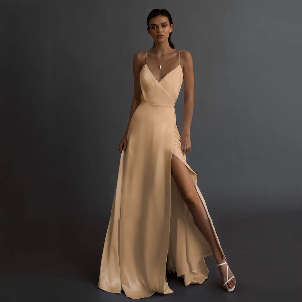 front view of bride wearing a Champagne Simple Side Thigh Slit V-Neck Satin Wedding Dress