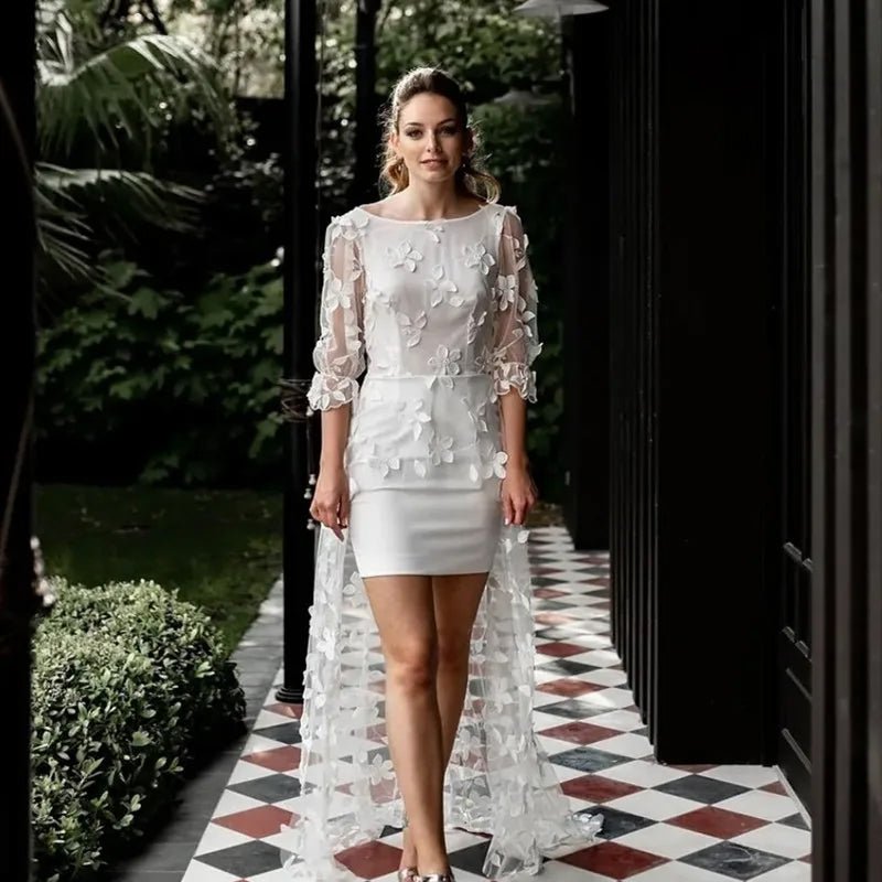 front-view of bride wearing a Short Backless Wedding Dress with Floor-Length Train