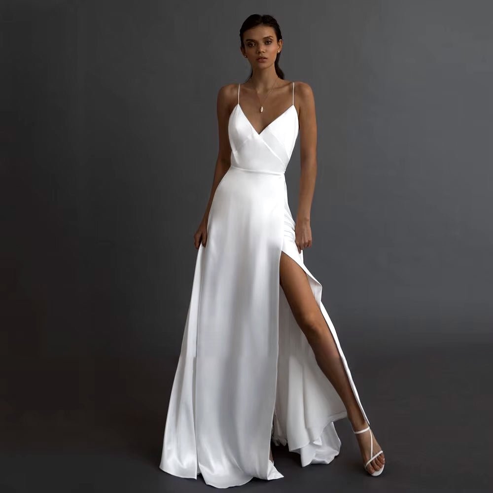 front view of bride wearing a White Simple Side Thigh Slit V-Neck Satin Wedding Dress