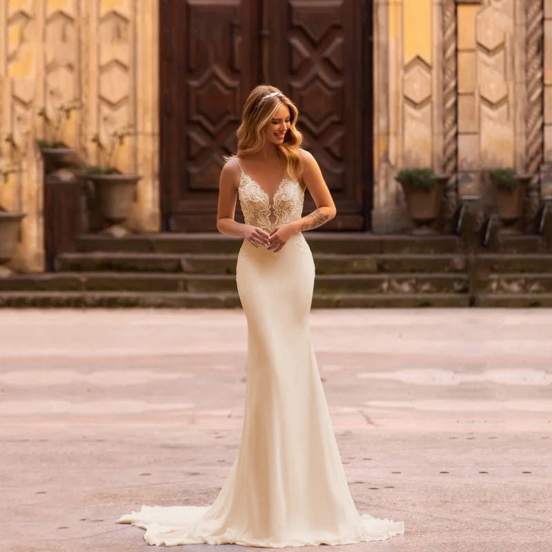 front view of a bride wearing an Ivory Modern Satin Lace Embroidered Sleeveless Wedding Dress