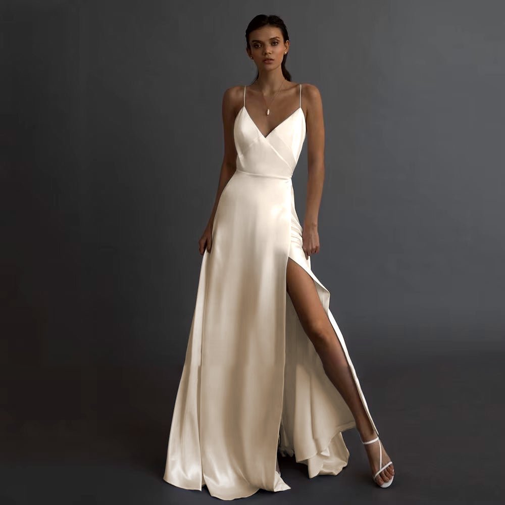 front view of bride wearing an Ivory Simple Side Thigh Slit V-Neck Satin Wedding Dress