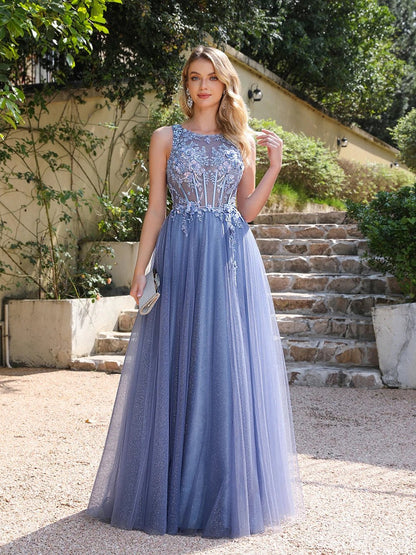 front view of girl wearing Stunning Sparkling Blue Prom Dress