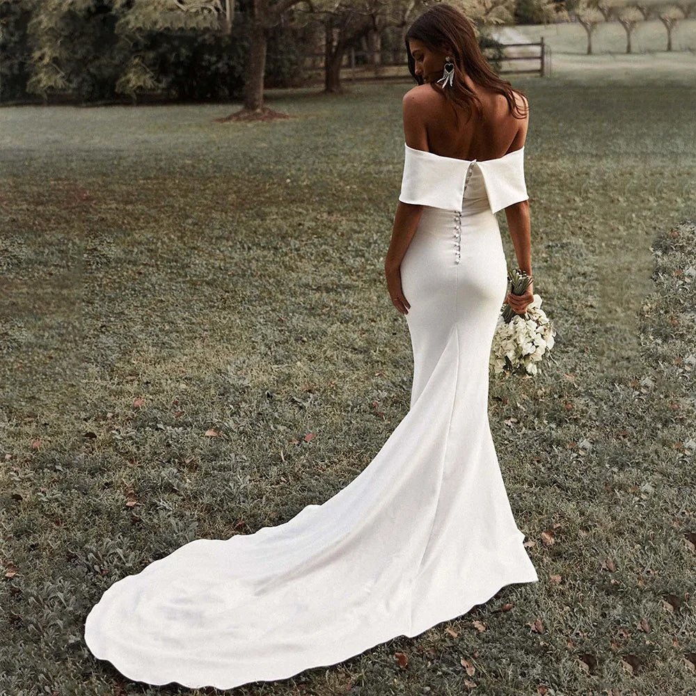 full back view of bride wearing Boho Off-the-Shoulder Mermaid Wedding Dress